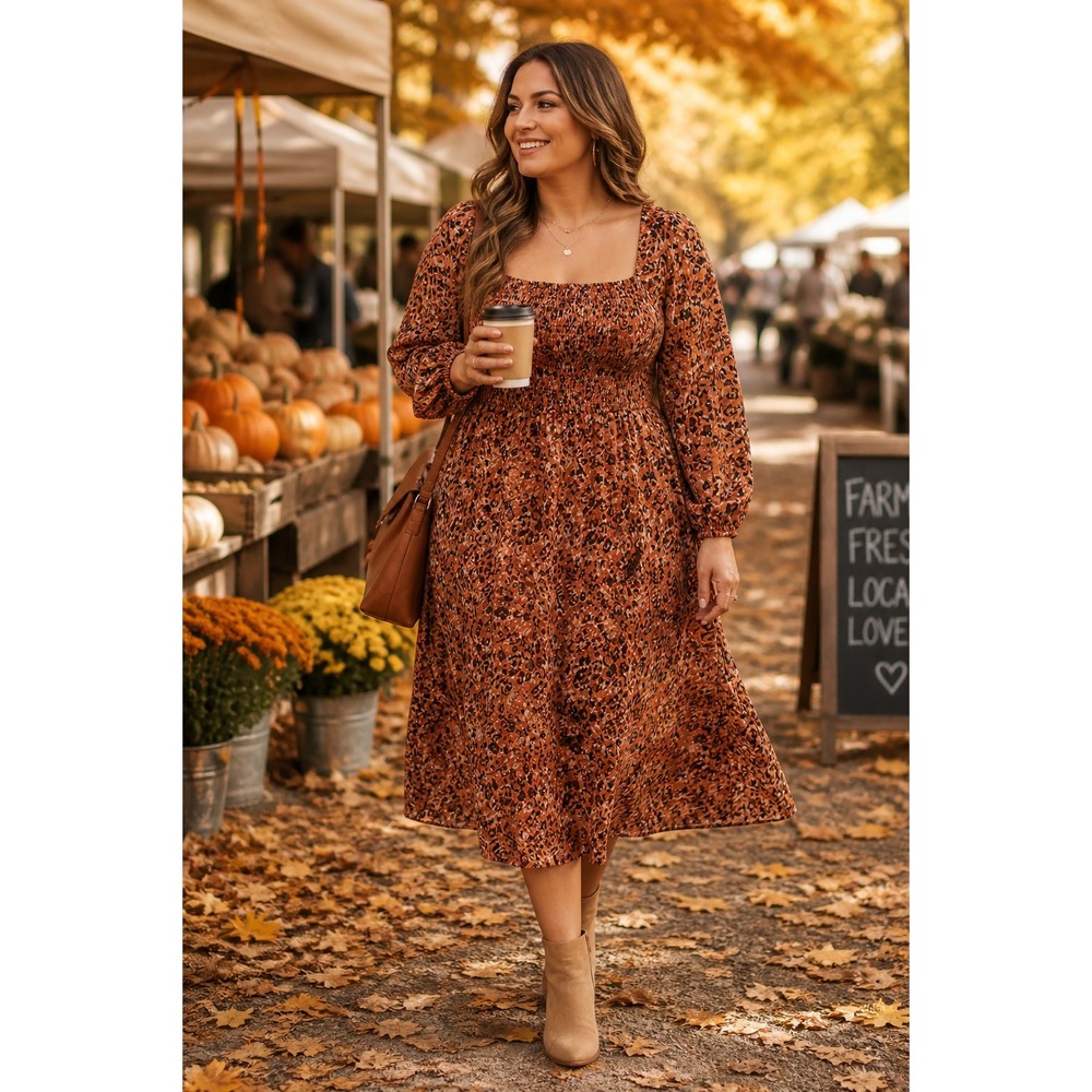 BeachLunchLounge Animal Print Smocked Midi Dress Chiffon Long Sleeve XXL